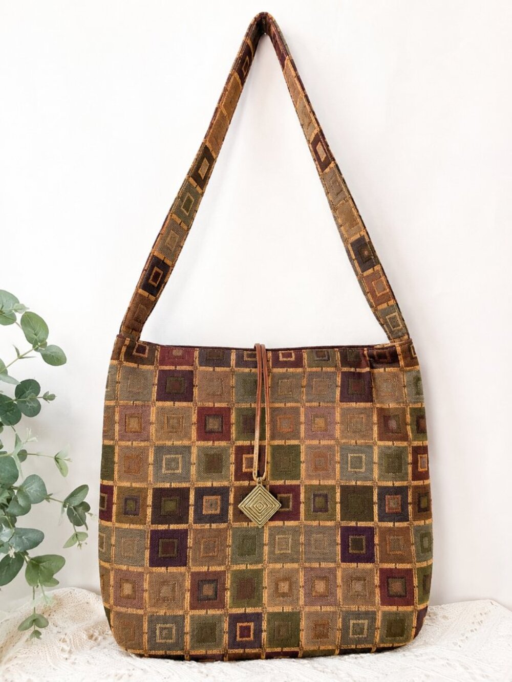 Bonita Mote NEW Tapestry Shoulder Bag Brown Geometric Large Lined 17" Artisan
